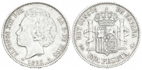 ALFONSO XIII (1885-1931). 1 Peseta. (Ar. 4,97g/23mm). 1893 *18-93. Madrid PGL. (Cal-2019-54). MBC+. Visibles ambas estrellas. Limpiada.