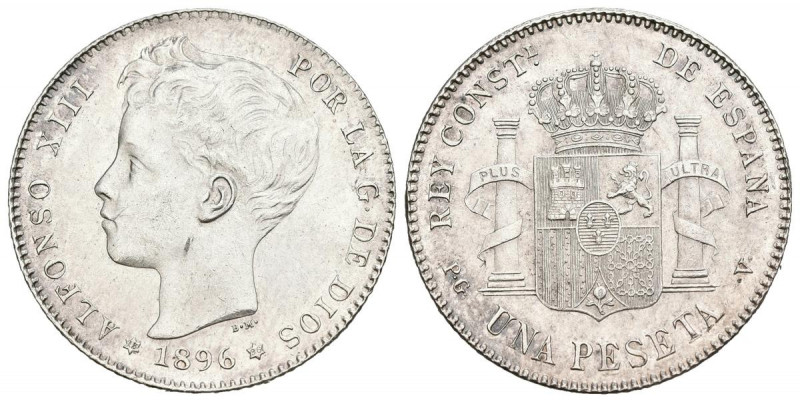 ALFONSO XIII (1885-1931). 1 Peseta. (Ar. 4,91g/23mm). 1896 *18-96. Madrid PGV. (...