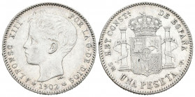 ALFONSO XIII (1885-1931). 1 Peseta. (Ar. 4,95g/23mm). 1902 *19-02. Madrid SMV. (Cal-2019-64). MBC+. Escasa.
