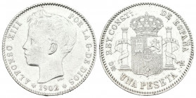 ALFONSO XIII (1885-1931). 1 Peseta. (Ar. 4,93g/23mm). 1902 *19-02. Madrid SMV. (Cal-2019-64). EBC-. Escasa.
