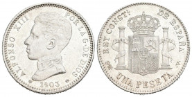ALFONSO XIII (1885-1931). 1 Peseta. (Ar. 5,05g/23mm). 1903 *19-03. Madrid SMV. (Cal-2019-67). EBC-. Leves marquitas y golpecito en canto.