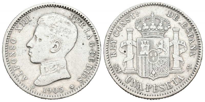ALFONSO XIII (1885-1931). 1 Peseta. (Ar. 4,85g/23mm). 1905 *19-05. Madrid SMV. (...