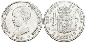 ALFONSO XIII (1885-1931). 2 Pesetas. (Ar. 9,91g/27mm). 1891*18-91. Madrid PGM. (Cal-2019-84). MBC. Limpiada. Estrellas parcialmente visibles.