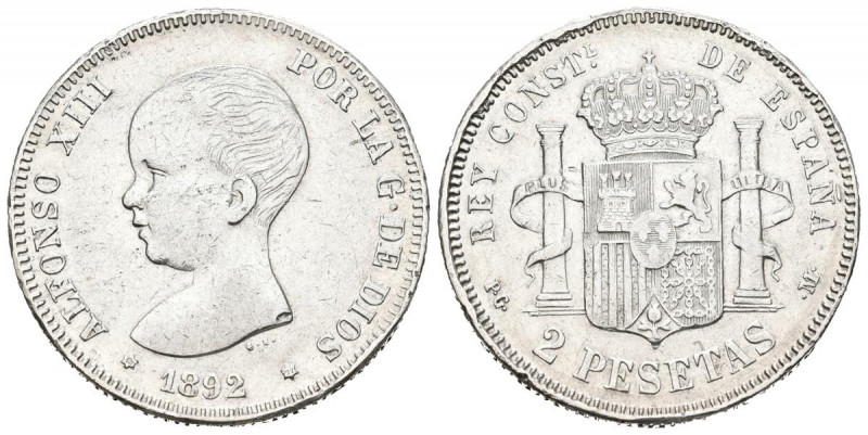 ALFONSO XIII (1885-1931). 2 Pesetas. (Ar. 10,02g/27mm). 1892*18-92. Madrid PGM. ...