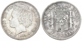 ALFONSO XIII (1885-1931). 2 Pesetas. (Ar. 9,97g/27mm). 1894 *18-94. Madrid PGV. (Cal-2019-86). MBC+. Marquitas. Bonito tono.
