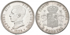 ALFONSO XIII (1885-1931). 2 Pesetas. (Ar. 9.94g/27mm). 1905 *19-05. Madrid SMV. (Cal-2019-88). EBC. Restos de brillo original.