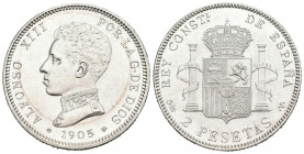 ALFONSO XIII (1885-1931). 2 Pesetas. (Ar. 9.96g/27mm). 1905 *19-05. Madrid SMV. (Cal-2019-88). EBC+. Restos de brillo original.