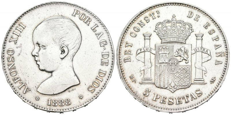 ALFONSO XIII (1885-1931). 5 Pesetas. (Ar. 24.92g/37mm). 1888 *18-88. Madrid MPM....