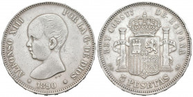 ALFONSO XIII (1885-1931). 5 Pesetas. (Ar. 24,86g/37mm). 1890 *18-90. Madrid PGM. (Cal-2019-97). MBC-.