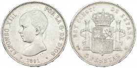 ALFONSO XIII (1885-1931). 5 Pesetas. (Ar. 24,79g/37mm). 1891 *18-91. Madrid PGM. (Cal-2019-98). MBC+.
