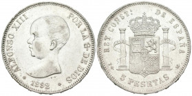 ALFONSO XIII (1885-1931). 5 Pesetas. (Ar. 25,09g/37mm). 1892 *18-92. Madrid PGM. (Cal-2019-99). MBC+. Restos de brillo original.