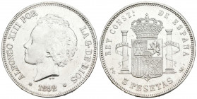 ALFONSO XIII (1885-1931). 5 Pesetas. (Ar. 25,03g/37mm). 1892 *18-92. Madrid PGM. (Cal-2019-100). MBC+. Limpiada.