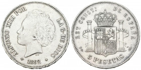 ALFONSO XIII (1885-1931). 5 Pesetas. (Ar. 25,05g/37mm). 1892 *18-92. Madrid PGM. (Cal-2019-100). MBC+.