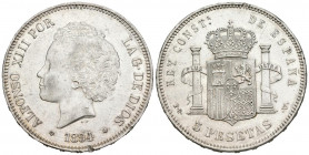 ALFONSO XIII (1885-1931). 5 Pesetas. (Ar. 24,90g/37mm). 1894 *18-94. Madrid PGV. (Cal-2019-104). MBC+.
