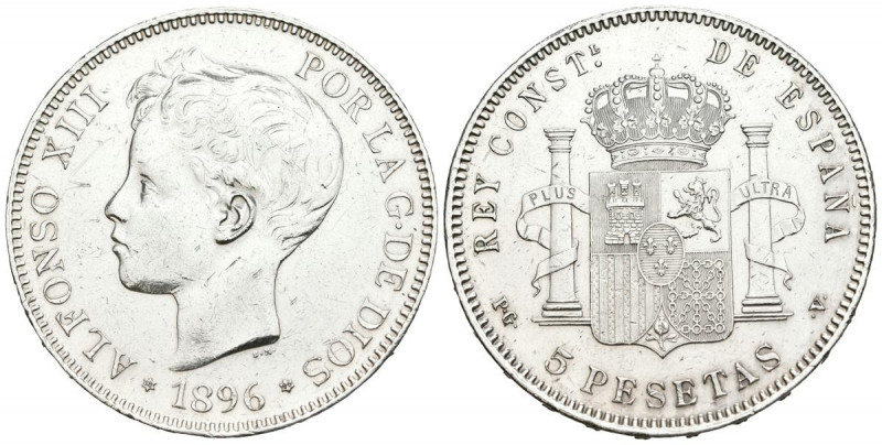 ALFONSO XIII (1885-1931). 5 Pesetas. (Ar. 24,87g/37mm). 1896 *18-96. Madrid PGV....