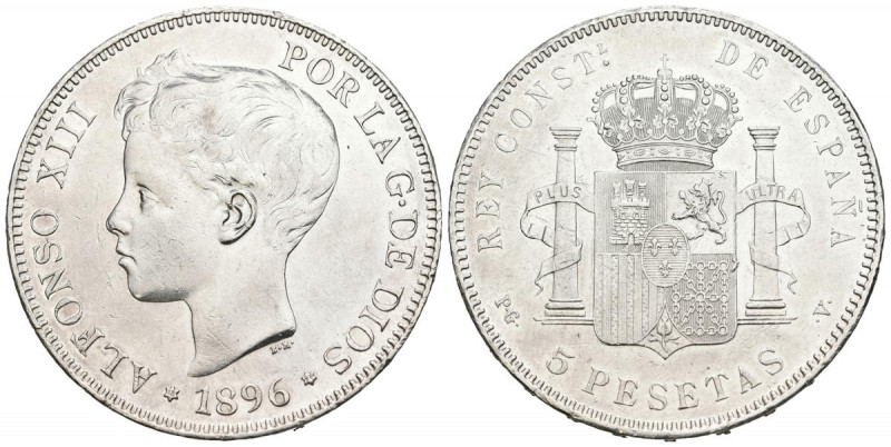 ALFONSO XIII (1885-1931). 5 Pesetas. (Ar. 25,01g/37mm). 1896 *18-96. Madrid PGV....