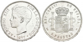 ALFONSO XIII (1885-1931). 5 Pesetas. (Ar. 24,93g/37mm). 1897 *18-97. Madrid SGV. (Cal-2019-107). EBC+. Marquitas. Brillo original.