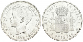 ALFONSO XIII (1885-1931). 5 Pesetas. (Ar. 25,06g/37mm). 1898*18-98. Madrid SGV. (Cal-2019-109). MBC+. Limpiada. Marquitas.