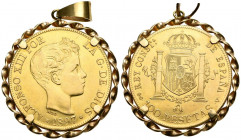 ALFONSO XIII (1885-1931). 100 Pesetas. (Au. 37,63g/39mm). 1897 *18-97. Madrid. SGV. (Cal-2019-119). EBC. Engarzada y con argolla. Reprodución de joyer...
