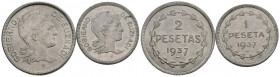EUZKADI. Conjunto formado por dos monedas de 1 y 2 Pesetas de 1937. EBC.