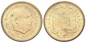 ESTADO ESPAÑOL (1936-1975). 1 Peseta. (Al-Ae. 3,58g/21mm). 1947 *19-54. Madrid. (Cal-2019-54). SC. Procedente de tira.