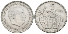 ESTADO ESPAÑOL (1936-1975). 5 Pesetas. (Ni. 5,68g /23mm). 1957 *63. Madrid. (Cal-2019-103). EBC-/EBC. Marquitas en anverso.