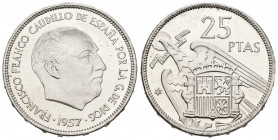 (1936-1975). 25 Pesetas. (Ni. 8,46g/27mm). 1957 *73. Madrid. (Cal-2019-128). SC. Brillo original.