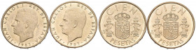 JUAN CARLOS I (1975-2014). Conjunto de 2 monedas de 100 Pesetas de 1983 con flores de lis hacia arriba y hacia abajo en el canto. EBC-. Marquita.