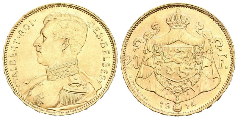 BÉLGICA. 20 Francs (Au. 6,44g/20mm). 1914. Rey Alberto I. (Km#78). Oro de 0,900 ...