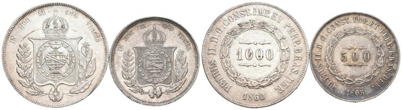 BRASIL. Bonito conjunto formado por dos monedas de plata de 500 y 1000 Reis acuñ...