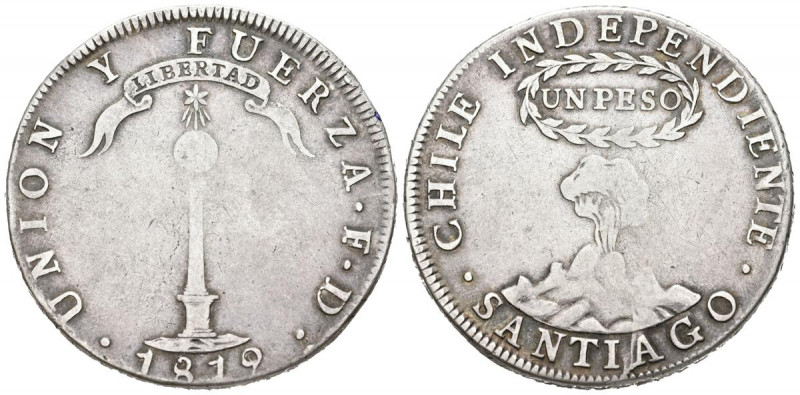 CHILE. 1 Peso. (Ar. 26,41g/39mm). 1819. Santiago FD. (Km#82.2). MBC. Acuñada sob...