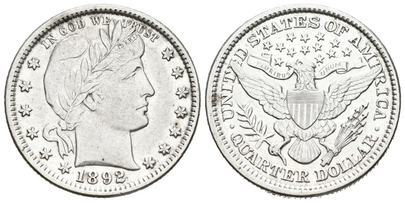 ESTADOS UNIDOS. 1/4 Dollar (Ar. 6,22g/24mm). 1892. Philadelphia. Tipo Barber. (K...