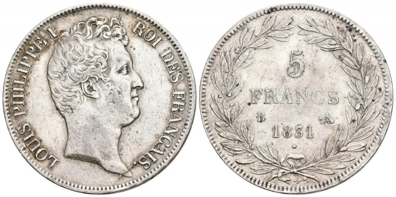 FRANCIA. 5 Francs. (Ar. 24,80g/37mm). 1831. Louis-Philippe I. Ruan B. (Km# 745.2...