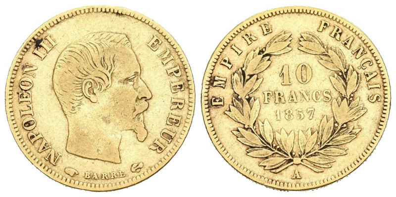 FRANCIA. 10 Francos (Au. 3,26g/19mm). 1857. Napoleón III. París A. (Km#784.3). M...