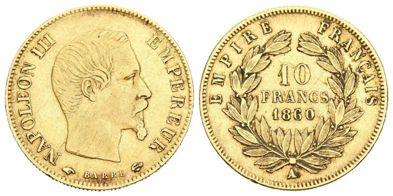 FRANCIA. 10 Francos (Au. 3,21g/19mm). 1860. Napoleón III. París A. (Km#784.3). M...