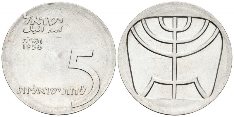 ISRAEL. 5 Lirot. (Ar. 24,94g/34mm). 1958. 10 Aniversario de la Independencia. (K...