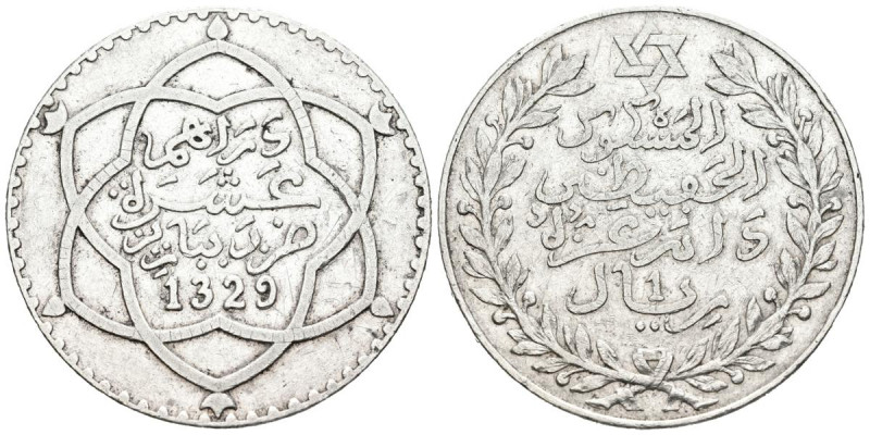 MARRUECOS. 10 Dirhams. (Ar. 24,82g /37mm). 1329H (1911). Abd al-Hafiz. (Km # 25)...