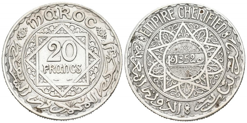 MARRUECOS. 20 Francs. (Ar. 19,84g/35mm). 1933 (1352H). París (Km#39). MBC+.