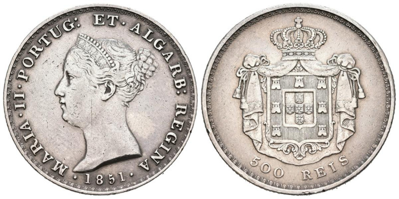 PORTUGAL. 500 Reis. (Ar. 14,73g/30mm). 1851. D. María II. (1834-1853). (Gomes 39...