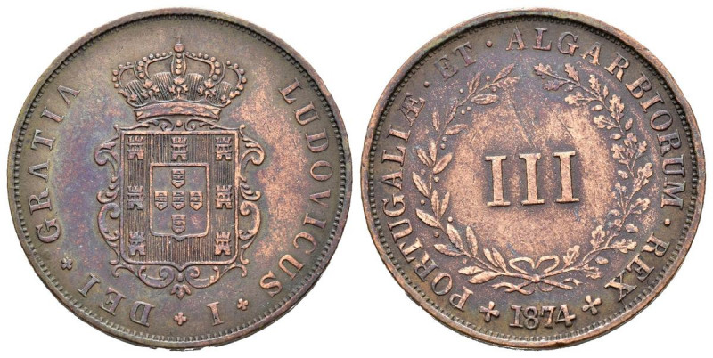 PORTUGAL. III Reis (Ae. 3,77g/24mm). 1874. Luis I. (Km#517). EBC. Preciosa pátin...