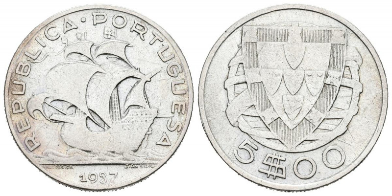 PORTUGAL. 5 escudos. (Ar. 6,76g/25mm). 1937. (Km#581; Gomes 35.04). MBC. Escasa.