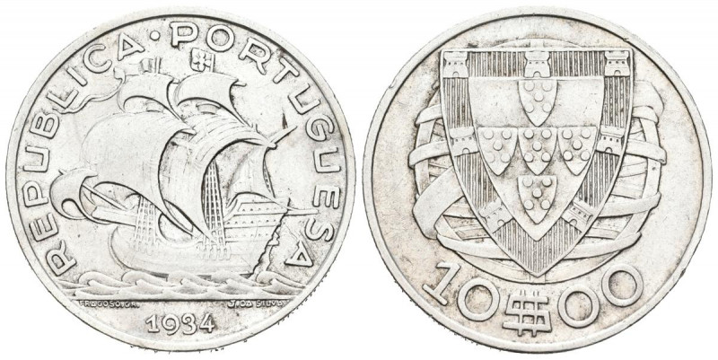 PORTUGAL. 10 escudos. (Ar. 12,49g/30mm). 1934. (Km#582; Gomes 43.03). MBC+.