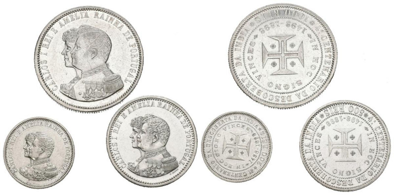 PORTUGAL. Precioso conjunto formado por 3 monedas de plata de 1000, 500 y 200 Re...