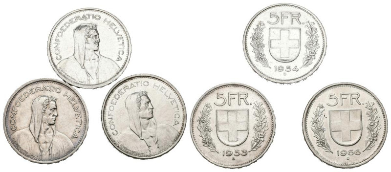 SUIZA. Conjunto de 3 monedas de plata de 5 Francos acuñados en 1953, 1954 y 1966...