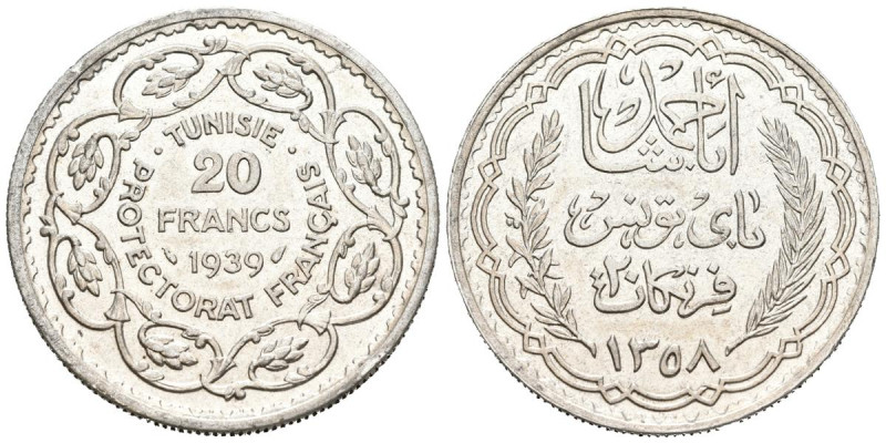 TÚNEZ. 20 Francs (Ar. 19.94g/35mm). 1939 (1358H). Ahmad Pasha Bey. (Km#266). EBC...