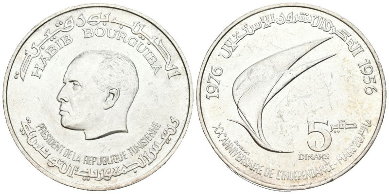 TÚNEZ. 5 Dinares (Ar. 23,84g/35mm). 1976. 20 Aniversario de la Independencia. (K...