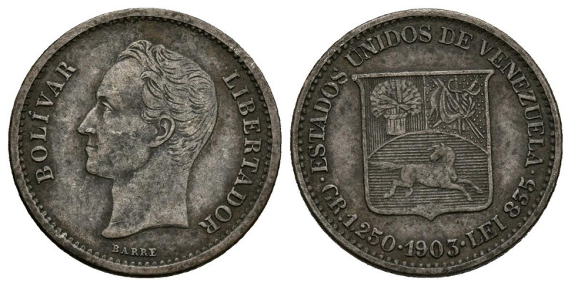 ESTADOS UNIDOS DE VENEZUELA. 1/4 Bolívar. (Ar. 1,25g/15mm). 1903. Philadelphia. ...