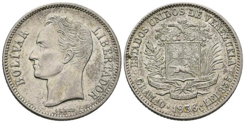 ESTADOS UNIDOS DE VENEZUELA. 2 Bolívares. (Ar. 10,00g/27mm). 1936. Philadelphia....