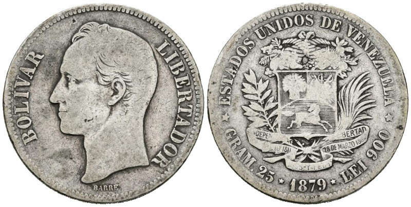 ESTADOS UNIDOS DE VENEZUELA. 5 Bolívares. (Ar. 24,20g/37mm). 1879. Bruselas. (Km...