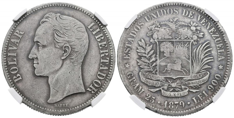 ESTADOS UNIDOS DE VENEZUELA. 5 Bolívares. (Ar. 25,00g/37mm). 1879. Bruselas. (Km...